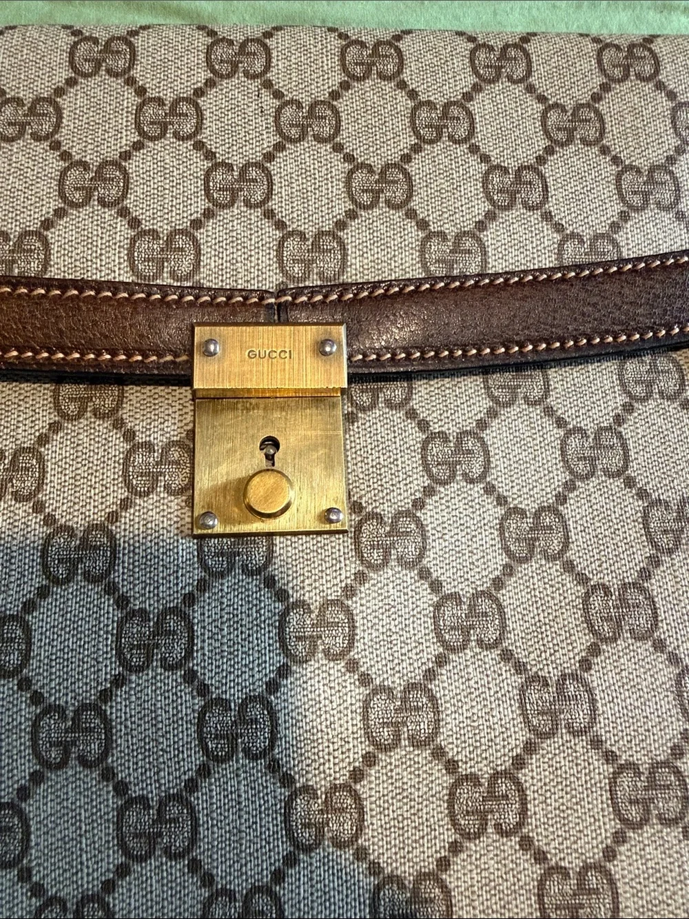 Gucci Beige GG Supreme Envelope Clutch with Brown Leather Trim